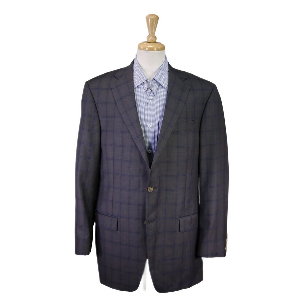 Hart Schaffner Marx Gray Royal Blue Windowpane Wool 2-Btn Sportcoat Blazer 44L